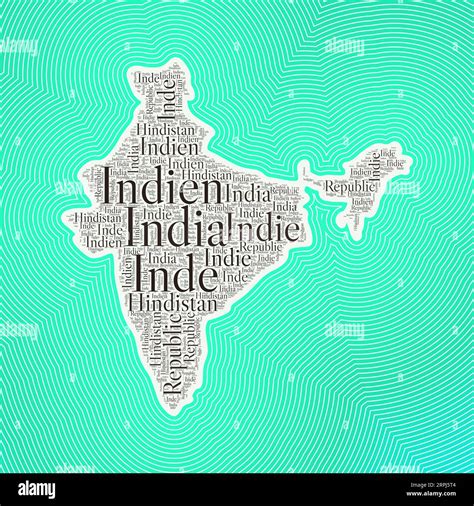 India shape formed by country name in multiple languages. India border on stylish striped ...
