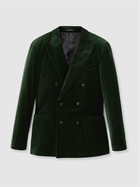 Reiss Velvet Double-Breasted Blazer in Forest Green - REISS