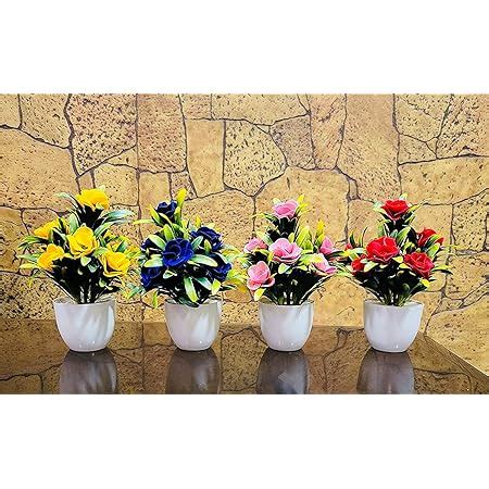 Buy Ryme Set of 4 Mini Small Artificial Plants with Pot Vase for Home ...