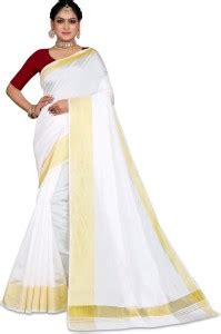 Buy THE52 Solid/Plain Kasavu Cotton Silk White, Maroon Sarees Online ...