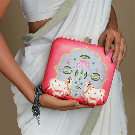 Buy Teejh Pichwai Pop-Up Pink Stone and Printed Clutch Online