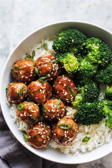 Asian chicken meatballs served with rice and broccoli | Chicken ...