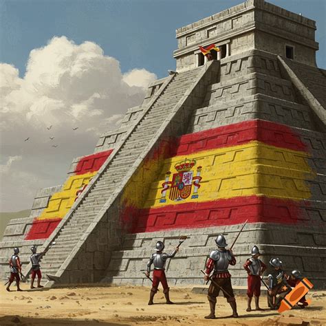 Illustration of Spanish conquistadors painting a large Spanish flag on ...