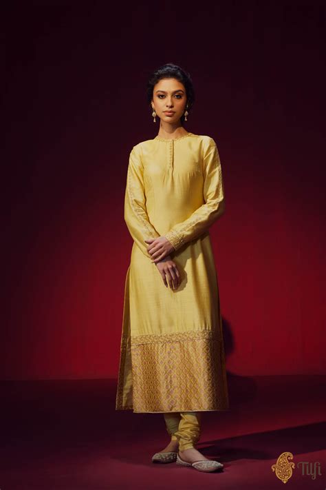 Yellow Raw Silk Brocade Kurta with Churidar Suit Set with Hand-embroid ...