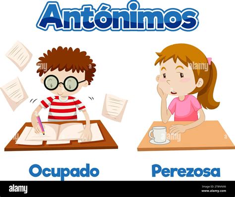 An illustrated card depicting the contrasting words 'ocupado' and ...