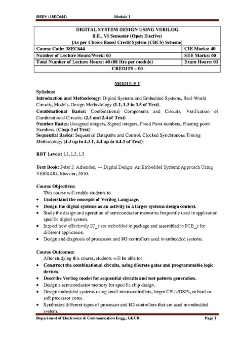 Module 1 DSDV Notes - DIGITAL SYSTEM DESIGN USING VERILOG B., VI ...