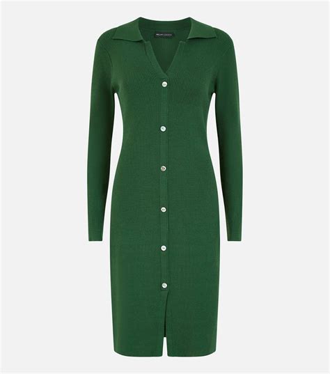 Mela Green Ribbed Knit Button Front Midi Polo Dress | New Look