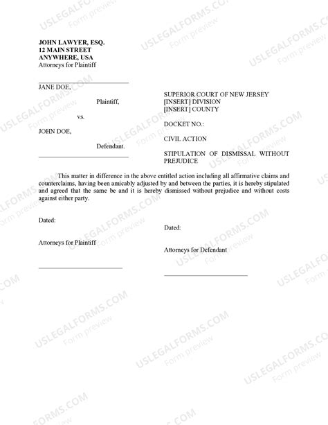 New Jersey Stipulation of Dismissal without Prejudice - Nj Stipulation ...