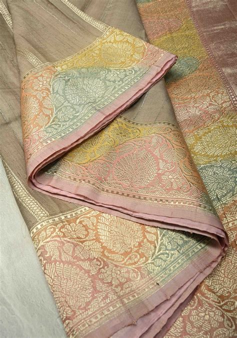 Beige Gold Silver Stripes on Banarasi Tussar Georgette Saree with Flor ...
