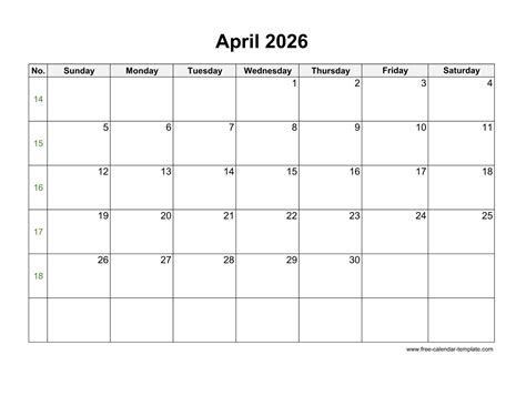 April 2026 Calendar Printable Template