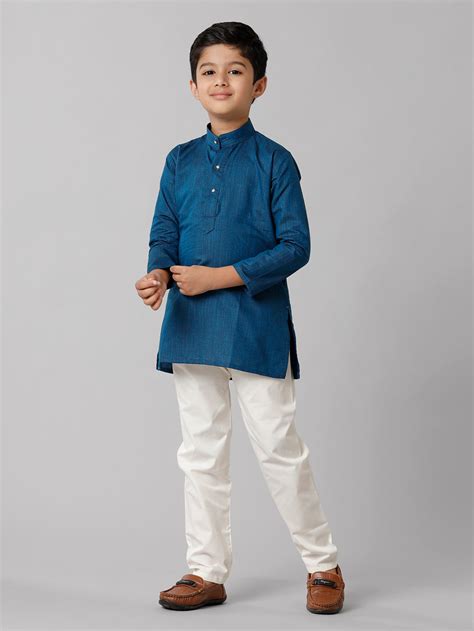 Little Stars Boys Cotton Full Sleeves Navy Kurta with Cream Pyjama Pant ...