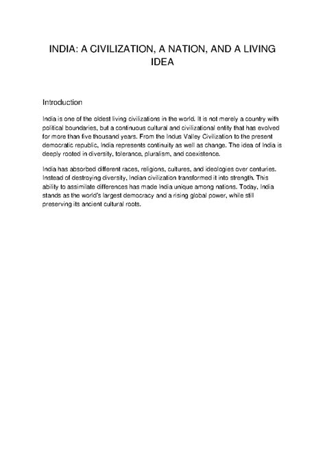 INDIA: A CIVILIZATION, NATION & LIVING IDEA - Essay Notes - Studocu
