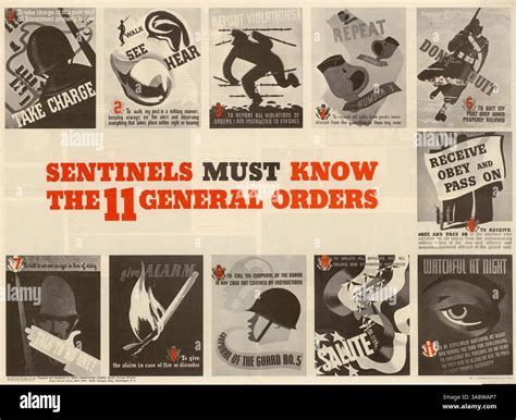 This poster displays the 11 general orders for sentinels at posts, with ...