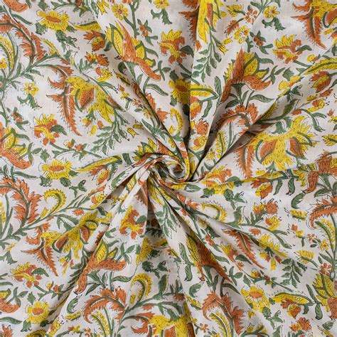 Natural Dye Yellow Floral Hand Block Print Fabric at Dmaasa
