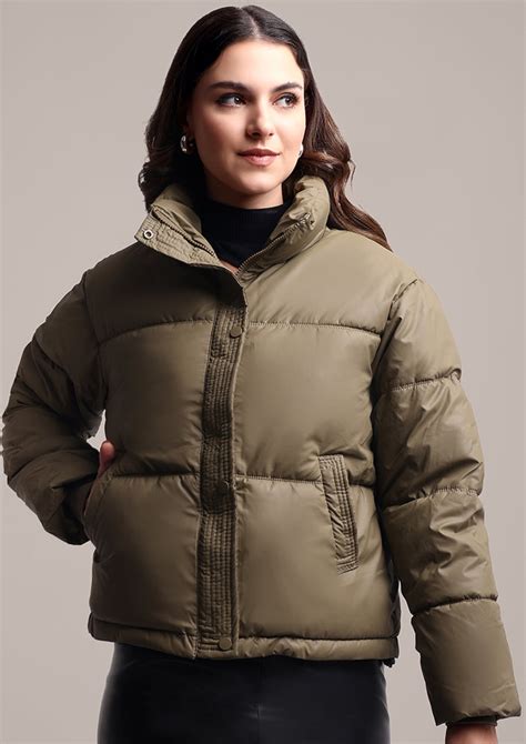 Olive Green Stand Collar Puffer Jacket - IKI CHIC
