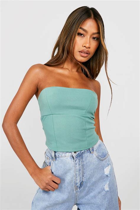 Sage Bandeau Seam Detail Longline Corset | boohoo UK