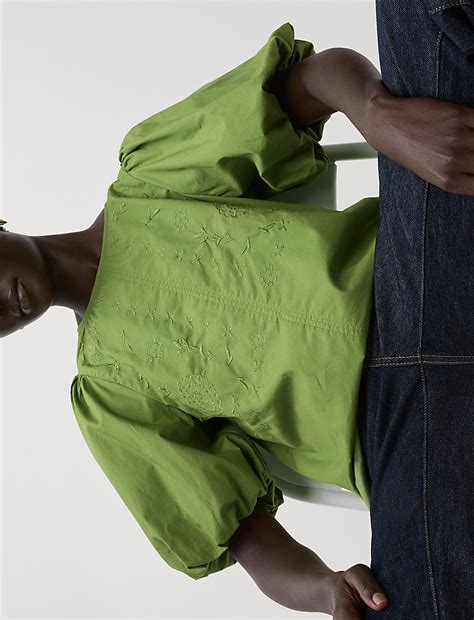 Buy Pure Cotton Embroidered Puff Sleeve Blouse at Marks & Spencer