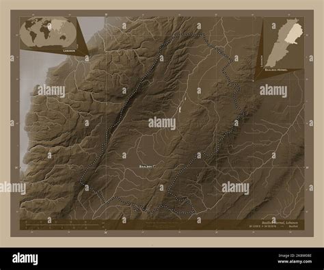 Baalbek-Hermel, governorate of Lebanon. Elevation map colored in sepia tones with lakes and ...