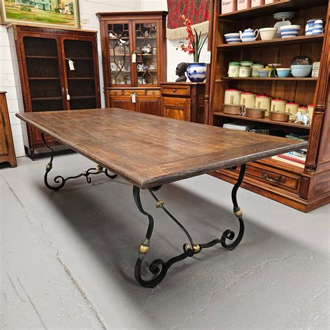 Vintage Elm Wood Spanish Style Refectory Table Wrought Iron Base ...