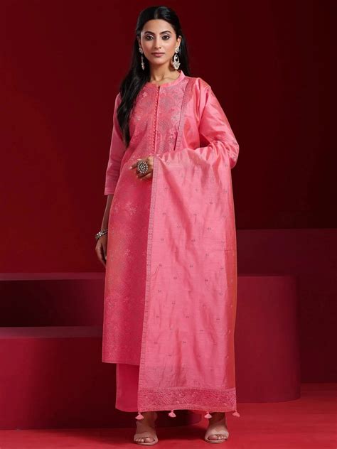 Buy Libas Art Coral Embroidered Chanderi Silk Straight Suit With ...