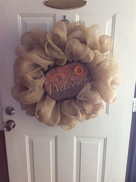 Fall wreath-burlap deco mesh with Hobby Lobby welcome plaque. Made ...