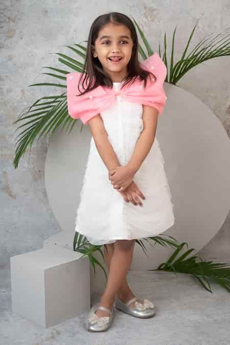 Buy White Organza, Net, Lining Cotton Sequin Ruched Bow Dress For Girls ...