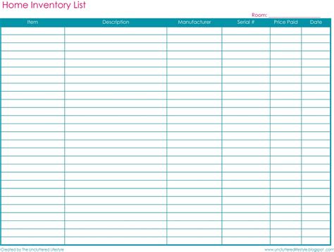 Image result for Printable Home Inventory