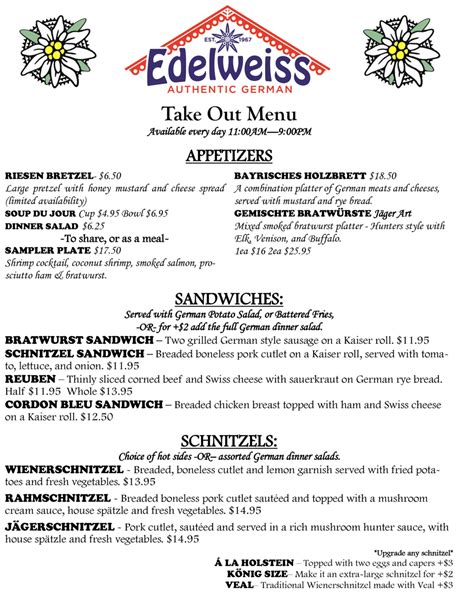 TAKEOUT MENU - Edelweiss German Restaurant