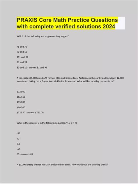 PRAXIS Core Math Practice Questions with complete verified solutions ...