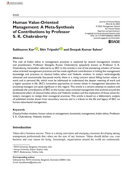 SKC Article Journal of Human Values - Article Human Value-Oriented ...