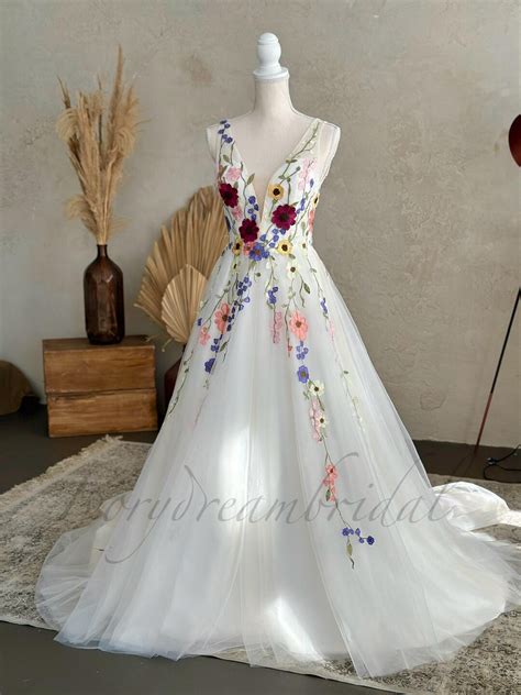 Floral Wedding Dress, Embroidered Unique Bridal Gown With Color Boho Romantic Wedding Dress ...