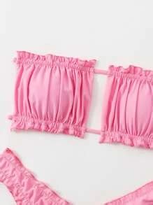 Ruched Lettuce Trim Bandeau Bikini Set Summer Beach | SHEIN USA