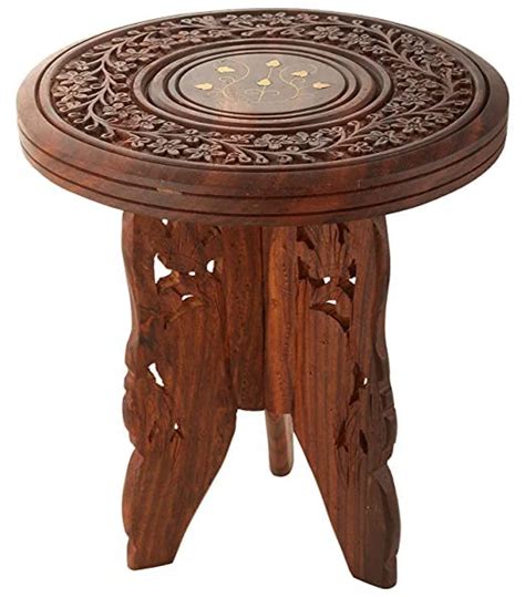 RESHUZ Sheesham Wooden Round Shape Hand Carving Fold-able Coffee Stool ...