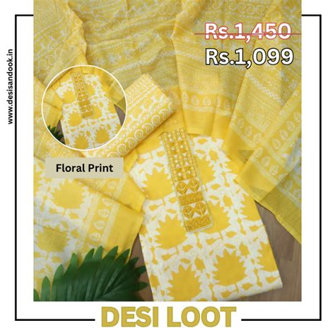 Ulfat Corn Yellow Patch Lace Work Floral Printed Cotton Suit Set ...