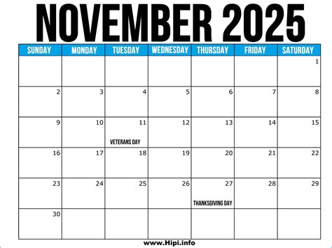 November 2025 Calendar Printable US with Holidays - Hipi.info