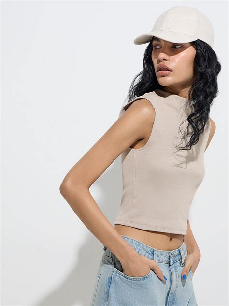 Buy Nuon Beige Ribbed Textured Cotton-Blend Top from Westside