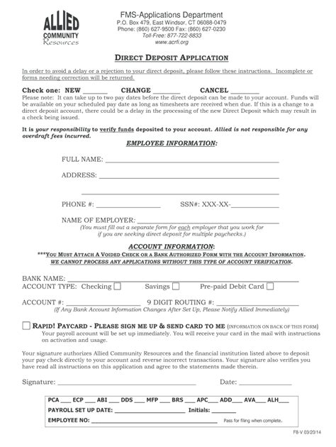 2014 Form CT Allied Community Resources Direct Deposit Authorization ...