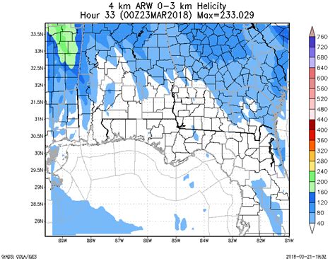 WRF ARW 4KM 0 to 3km Storm Relative Helicity