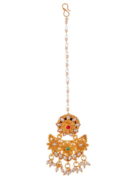 Buy Gold Plated Kundan Studded & Pearl Beaded Maang Tikka Head ...