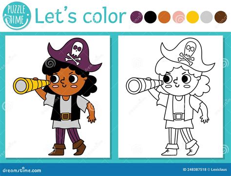 Pirate Coloring Page For Children With Pirate Girl Looking In Telescope ...