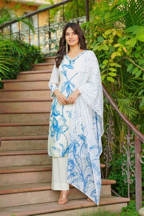 Premium pure cotton full suit set in blue– Aashvi Couture