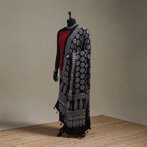 Black Hand Block Print Natural Dyed Modal Silk Ajrakh Dupatta with Tassels