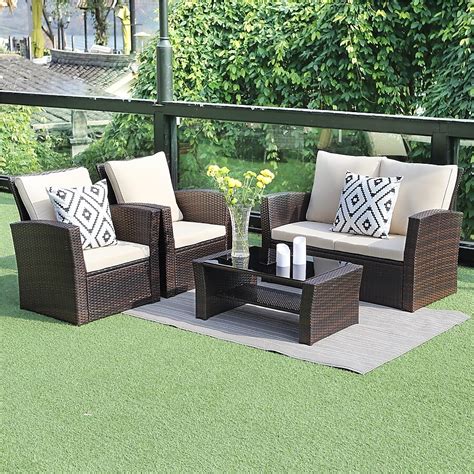 Maincraft 4-Piece Rattan Patio Conversation Set with Gray Cushions in ...