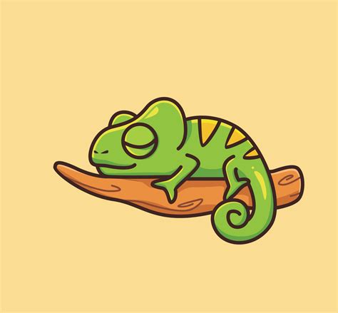 cute baby chameleon sleeping lazy on branch. cartoon animal nature concept Isolated illustration ...