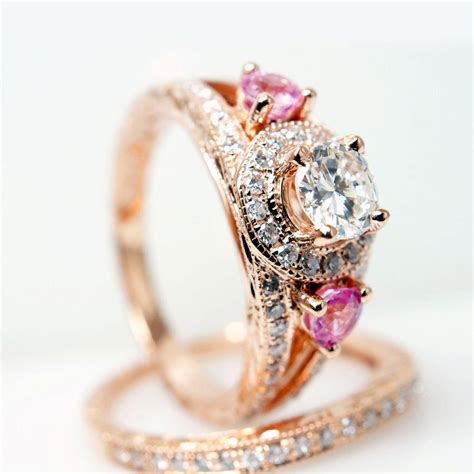 Vintage Style 14k Rose Gold Diamond Engagement Ring w/ Pink
