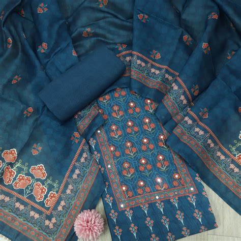 Soundarya Navy Blue Embellished Neck in Printed Chanderi Suit Set ...
