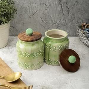 Buy VarEesha Hand-made Green Embossed Ceramic Air Tight Jars with ...