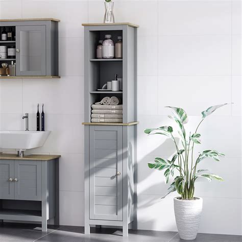 kleankin Tall Bathroom Storage Cabinet with 3 Tier Shelf, Door, Free ...