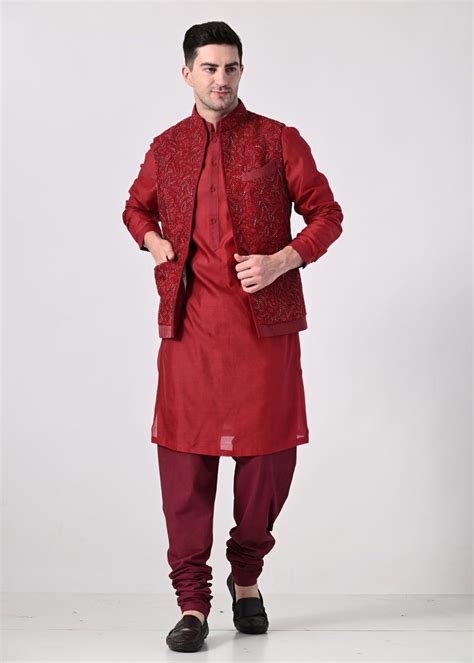 maroon kurta set featuring a richly embroidered nehru jacket ...