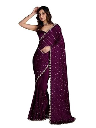 Buy TRENDMALLS Women's Satin Silk Siroski Zarkan Work Saree with ...